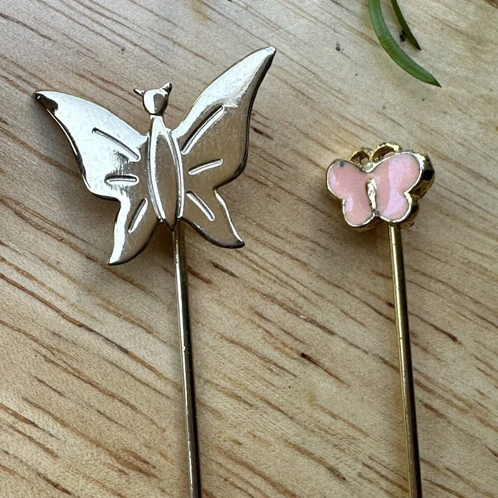 Vintage Stick Pin 2-3‎ Inch Butterfly Flower Shaped Hat Lapel Gold Tone Set Of 3